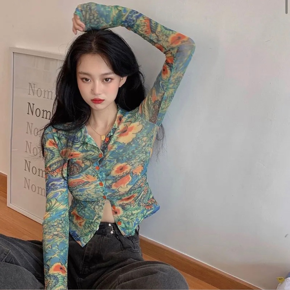 Colorful Printed Mesh Long Sleeve Button Up
